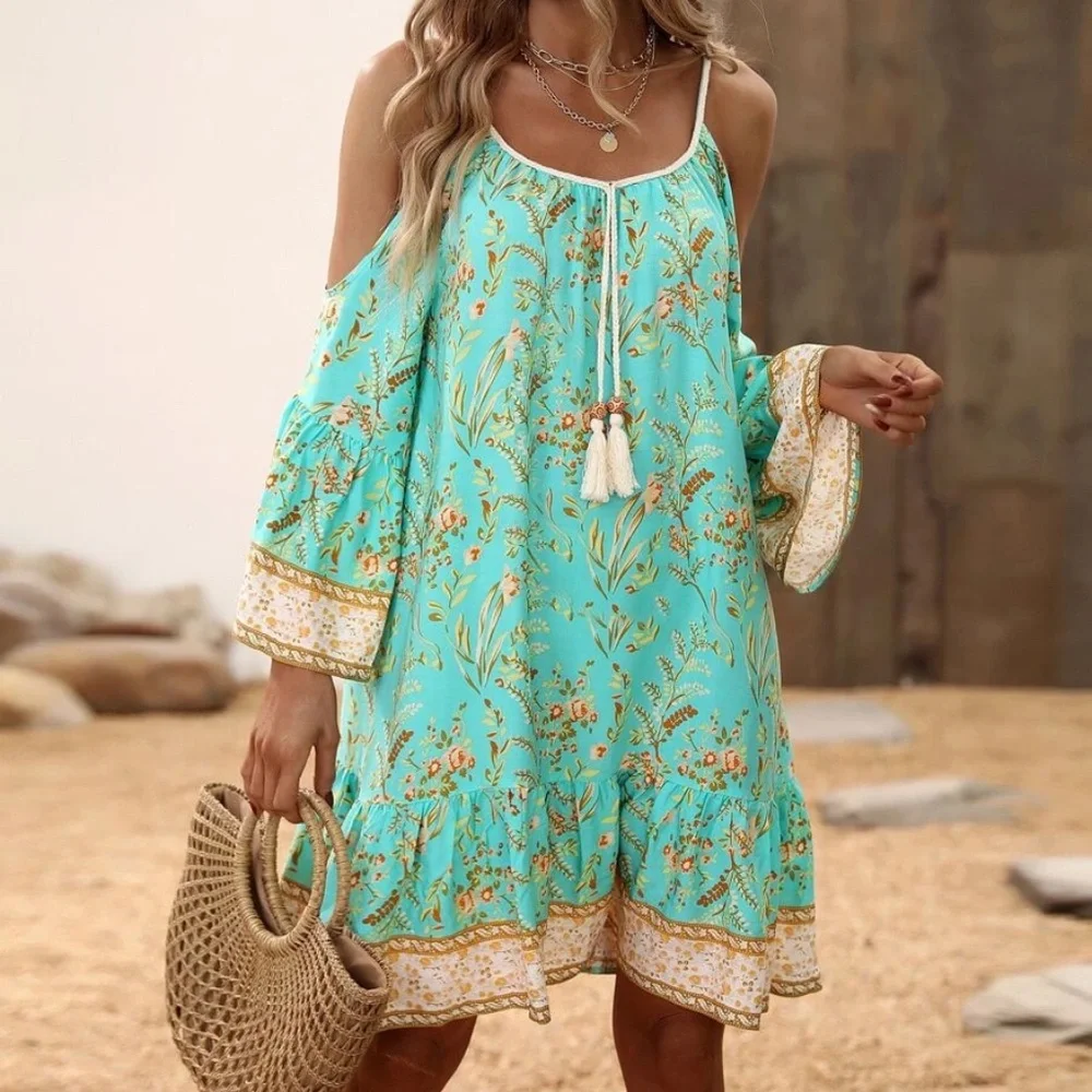 Boho Floral Print Cold Shoulder Mini Dress - Picture 5 of 12